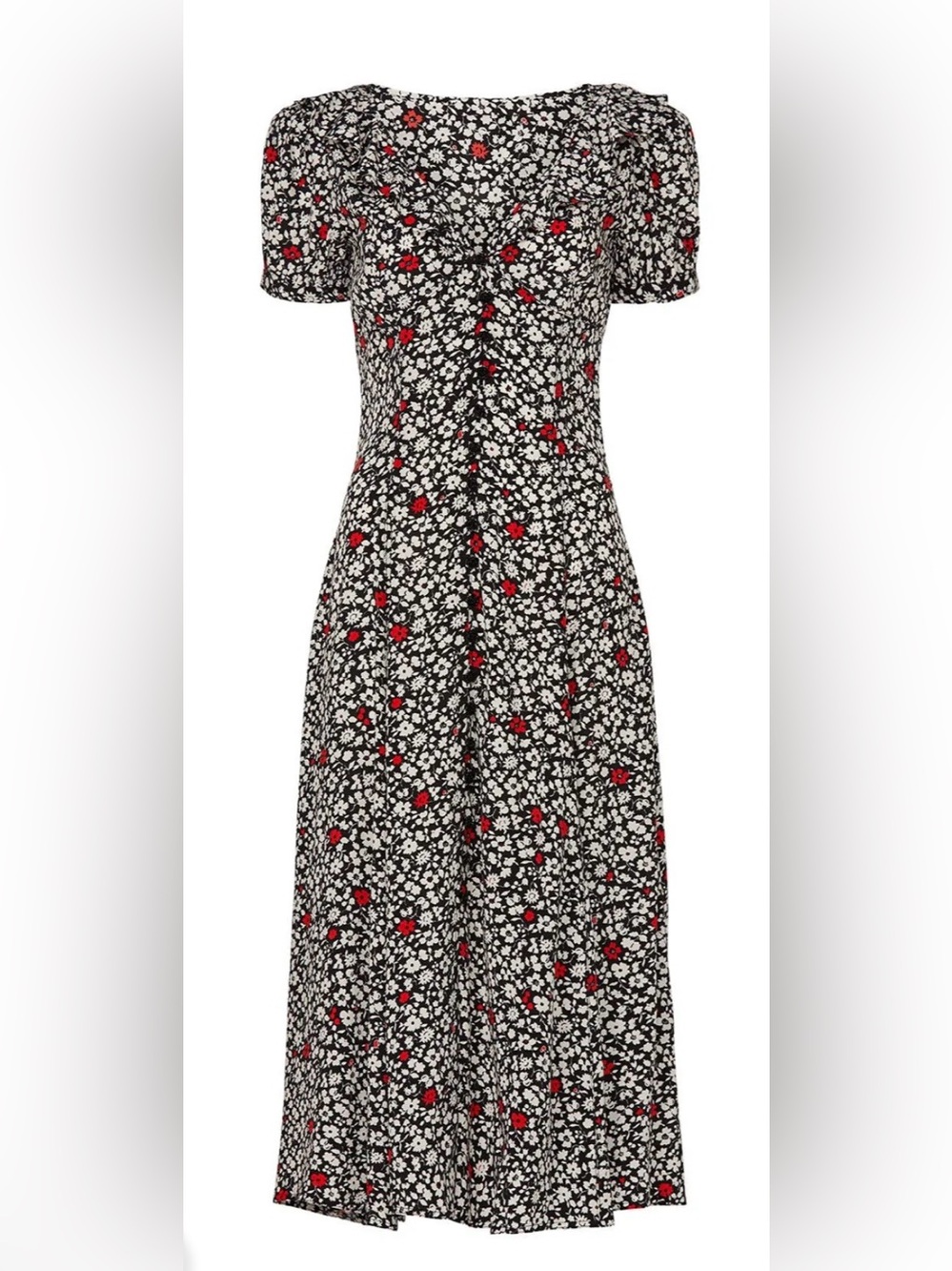Ralph Lauren Poppy Field Floral Black Midi Dress with White & Red Floral Print